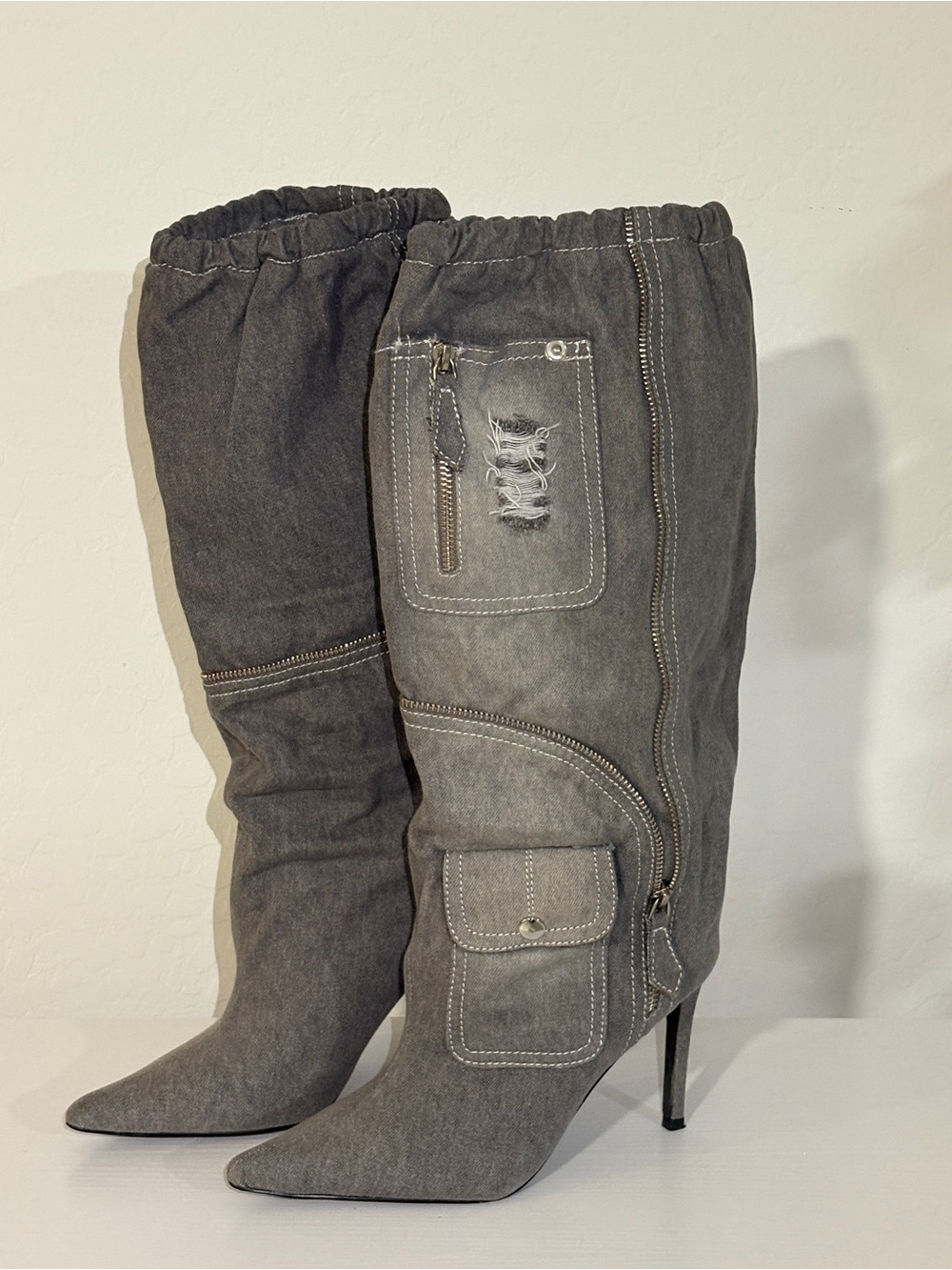 Gray Distressed Knee-High Stiletto Boots